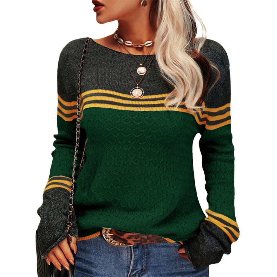 Herfst En Winter Vrouwen Crochet Temperament Commuter Tops Lange Mouwen Knit Stripe Colorblocking Ronde Hals Sweater