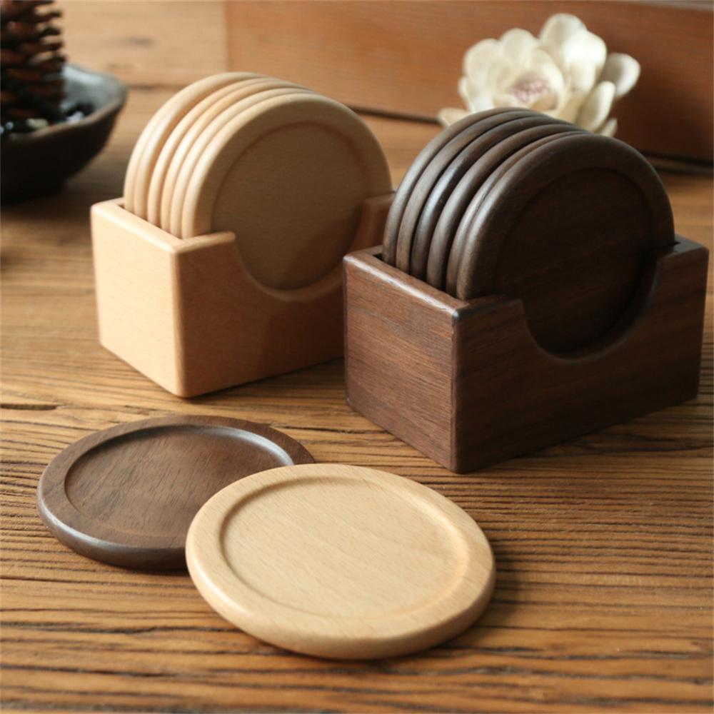 6pcs/set Walnut Wood Coasters Placemats Decorative Round Insulated Beverage Coasters Home Decor Wooden Insulation Pad