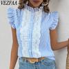 Женская мода повседневная летняя весна полосатый принт короткий рукав стойка воротник блузки и рубашки