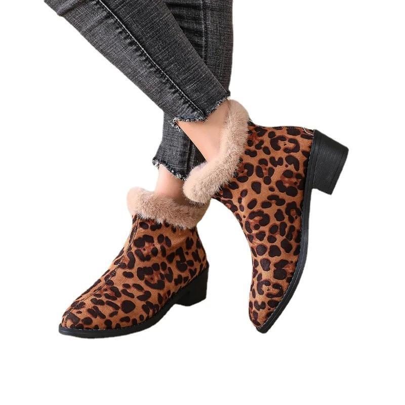 Женская обувь 2024, модные женские ботинки с леопардовым принтом, новые повседневные ботинки на молнии сзади, женские пикантные теплые ботильоны на квадратном каблуке