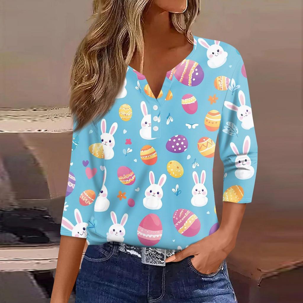 Жен. Футболка С принтом Пуговицы Рукав 3/4 Повседневные Выходные Мода Классический Классический V-образный вырез Обычный Верх