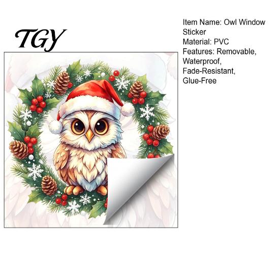 Removable Holiday Decals Christmas Owl Wreath Static Window Cling, Winter Glass Sticker, Seasonal Home Decoration No?Glue Reusable Decal for