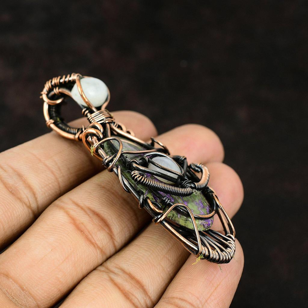 Подвеска из драгоценного камня пурпурит от сглаза, обернутая в медь, подвеска ручной работы, подвеска из радужного лунного камня, ювелирные изделия от сглаза, подарок для нее, медные украшения