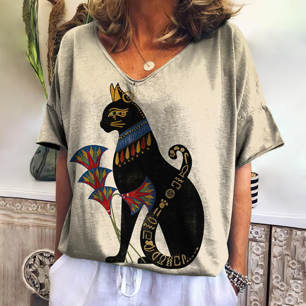 Женская футболка с принтом мультяшного кота, топ больших размеров, летняя женская трендовая одежда, модная рубашка с коротким рукавом и V-образным вырезом, Harajuku