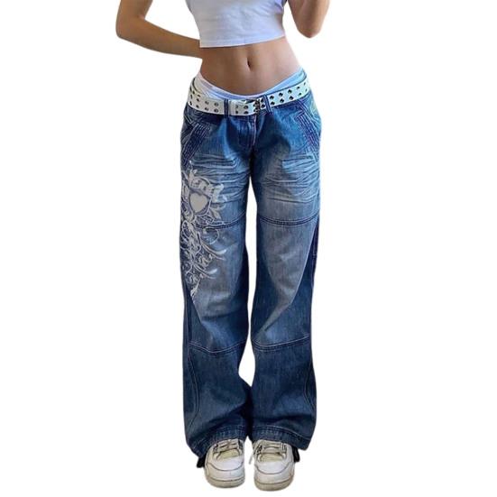 Женские джинсы средней талии с нестандартной индивидуальной печатью в стиле ретро, прямые, широкие, в стиле пэчворк