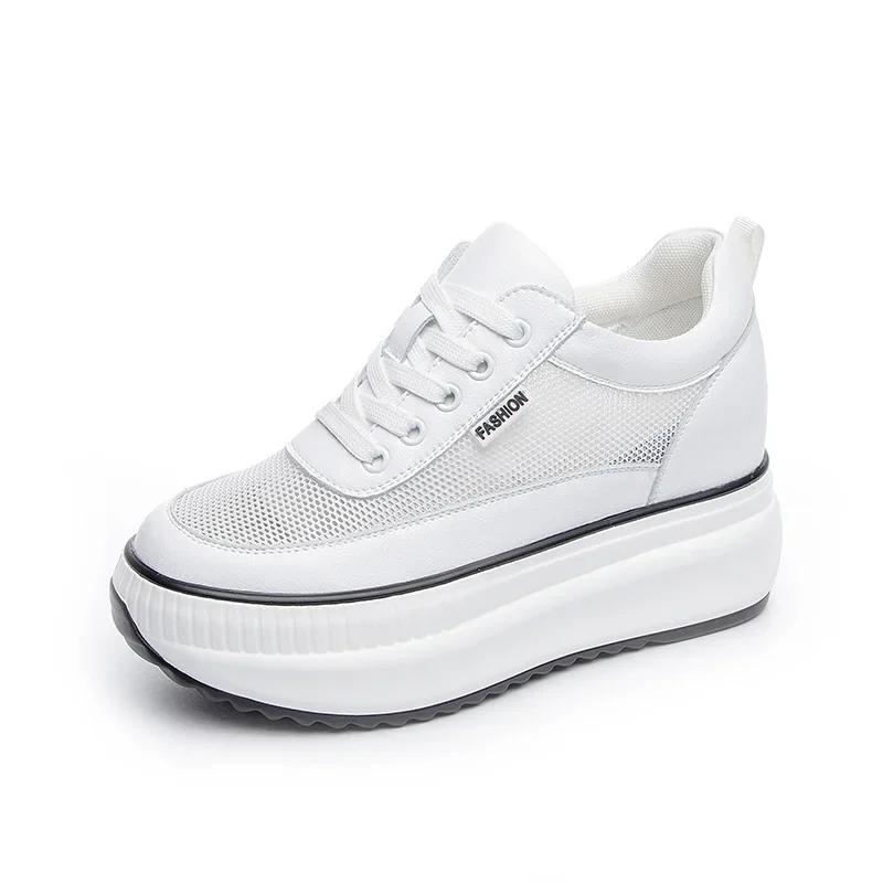 Женские повседневные черные туфли из натуральной кожи на платформе с танкеткой, женские 8 см, модные кроссовки на толстой подошве, весна-осень