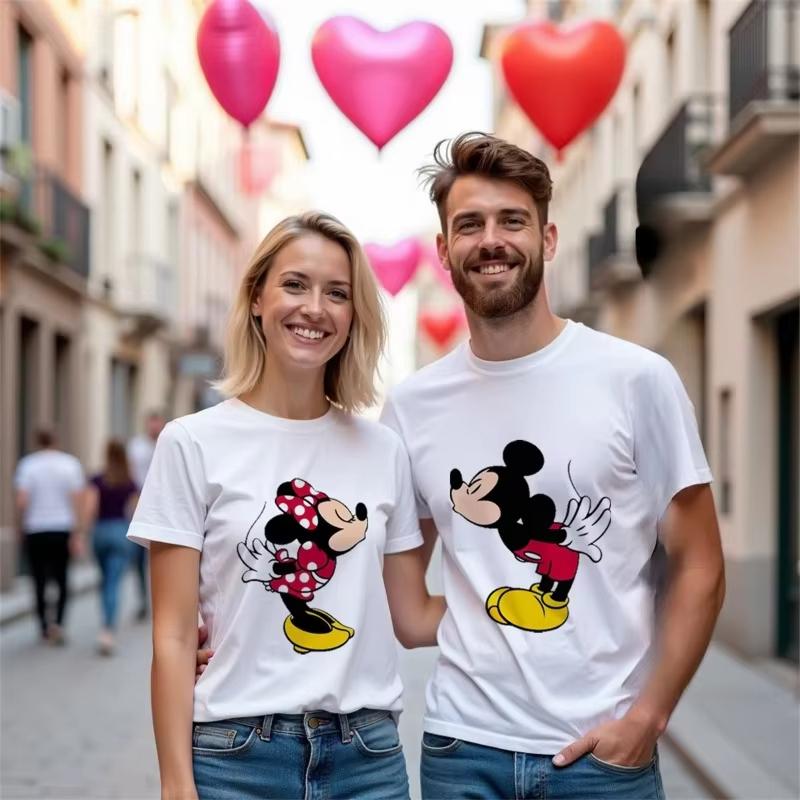 MINISO Disney Mickey and Minnie Print Couples T-shirt For Men Women Cotton Short Sleeve O-neck Tees Summer Casual Oversized Tops