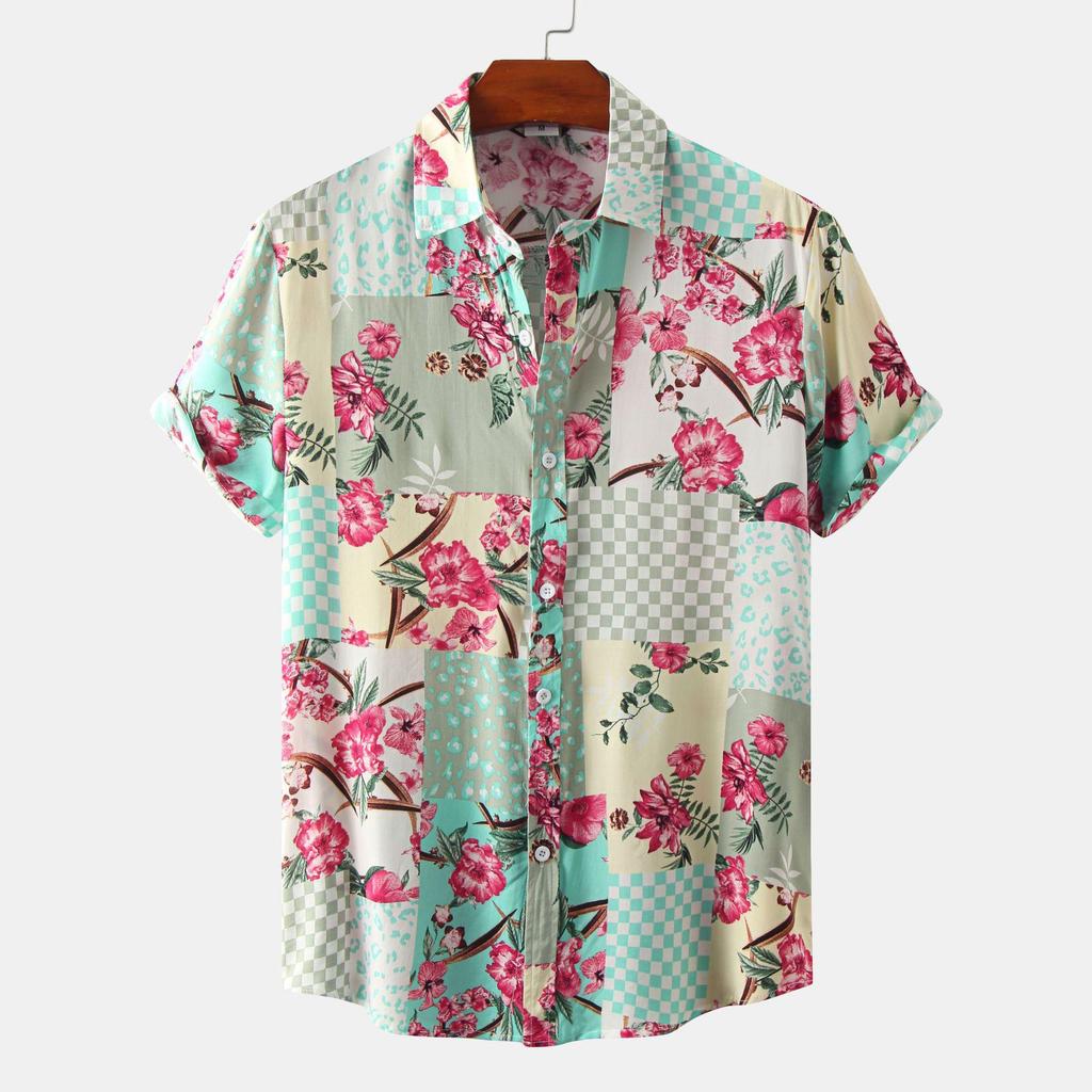 2022 Summer Men's Short Sleeve Floral Shirt - European and American Style