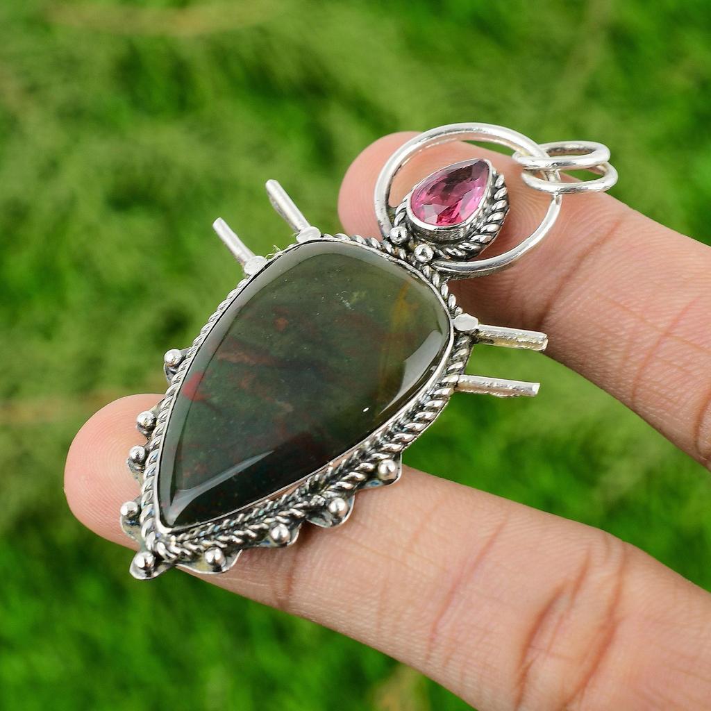 Pear Bloodstone Gemstone Pink Tourmaline 925 Sterling Silver New Pendant Jewelry