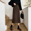 Осень Зима Шерсть Коричневая Юбка Элегантная С Завышенной Талией Облегающая С Разрезом Сзади Миди Облегающая А-силуэт