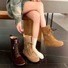 Ladies' High-top Flat Lace Long Boots In Solid Color, Anti-suede Round Toe, Anti-slip and Comfortable Classic Denim Boots