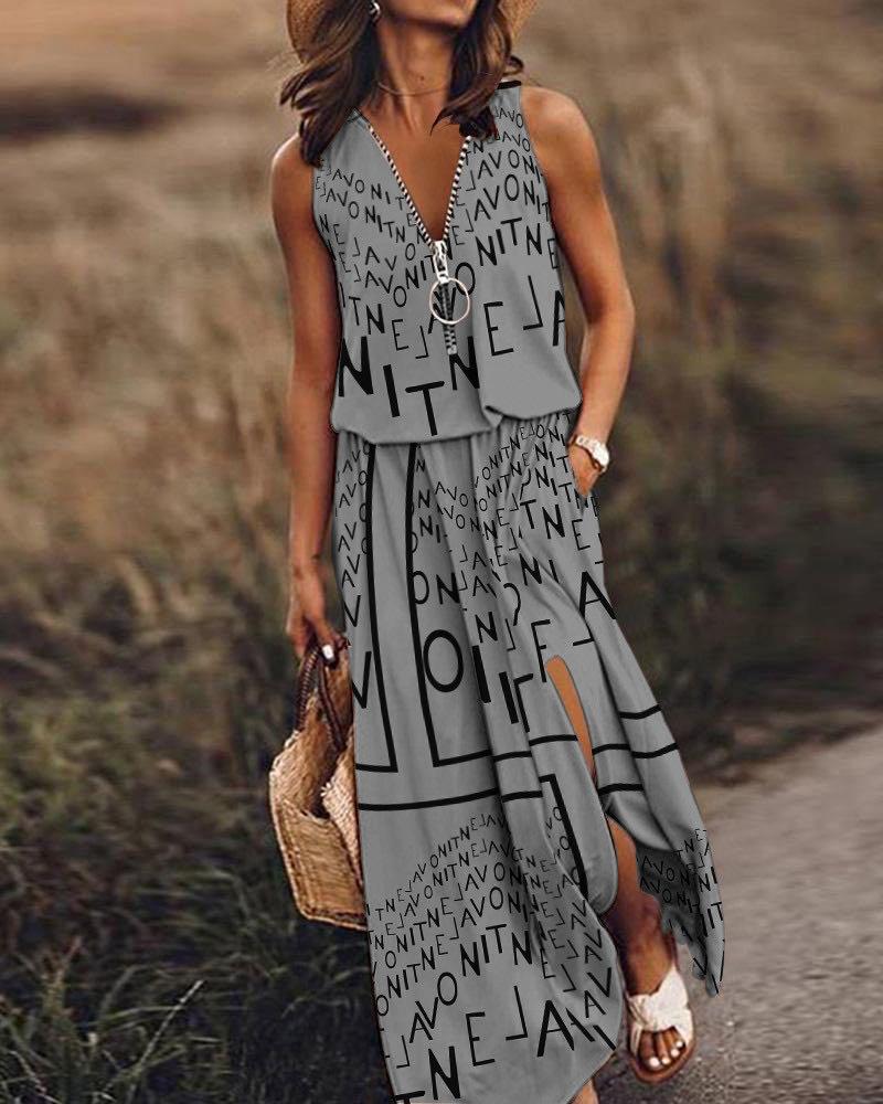 Women's Dress Sleeveless Long Dress Casual Women's Waist Zip Letter Print Dress