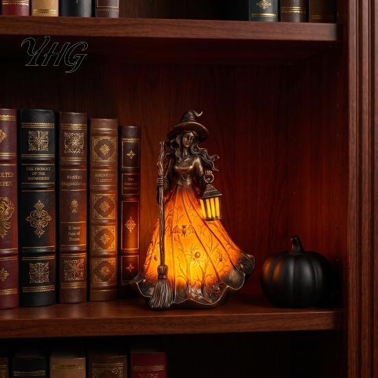 Small Light for Mantelpiece Halloween Witch Tabletop Lamp, Gothic Night with Broom & Lantern, Desktop Bedroom USB Powered Spooky Ambient Mantel Shelf