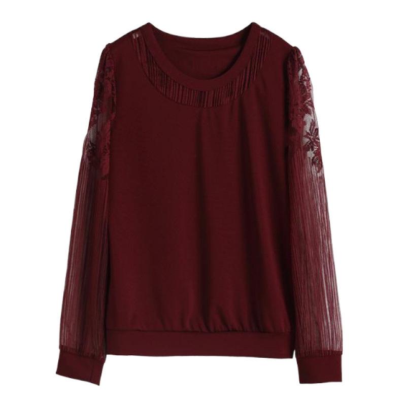 Женская блузка с длинным рукавом, весенняя, свободного кроя, для мамы среднего возраста, с круглым вырезом, базовый слой, кружевная