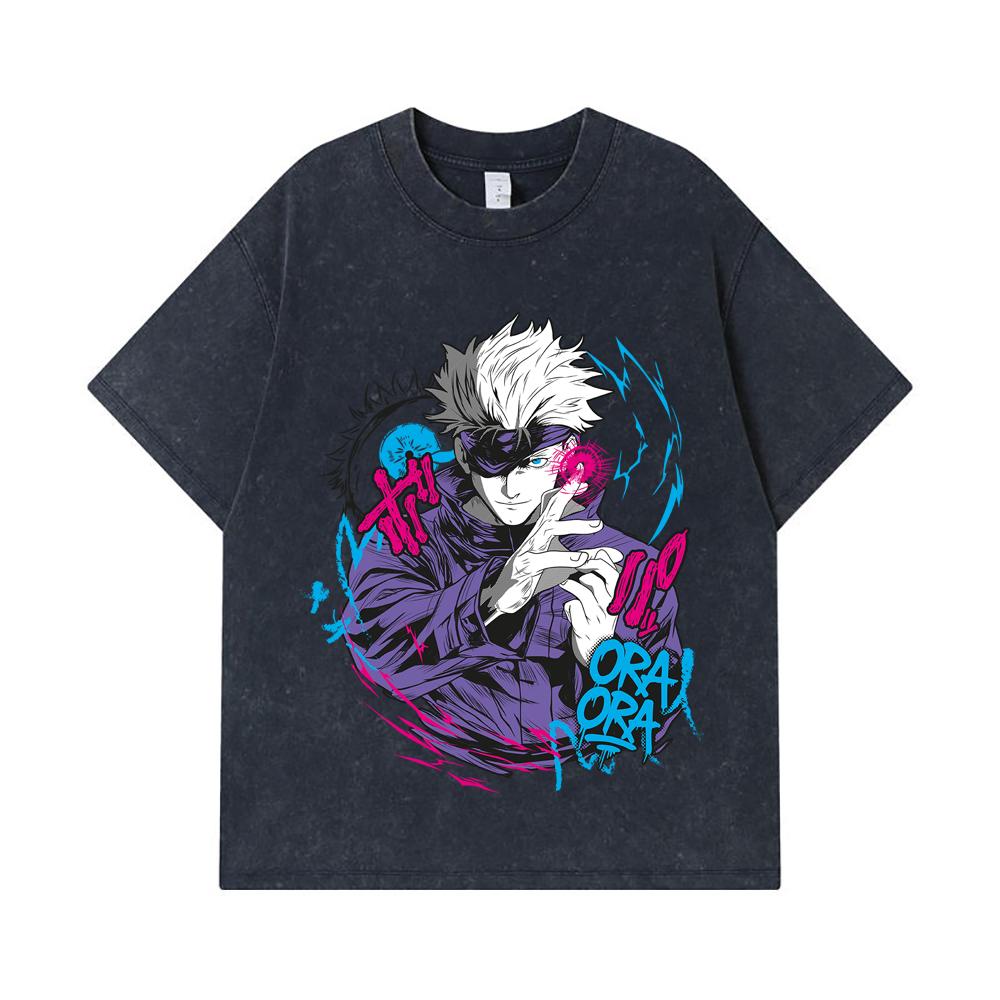 275 GSM Washed T-shirts 100% Cotton Jujutsu Kaisen V59 Gojo Print Unisex Heavy Cotton T Shirt