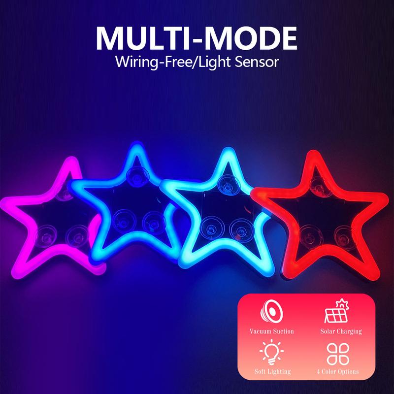 Solar Charging LED Car Window Lights Star Shaped Sparkling Mood Lights Neon Lights Car Interior Light Window Glowing Decoration