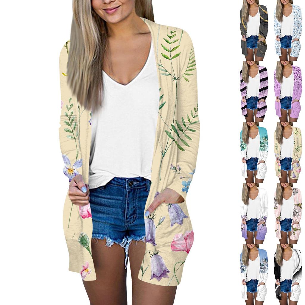 Ladies' Fashionable Casual Retro Floral Print Long Sleeved Mid To Long Cardigan Jacket