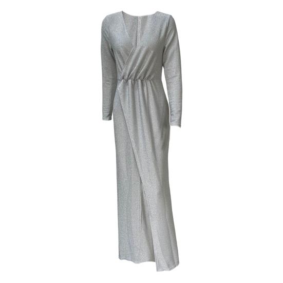 Женское вечернее платье с глубоким V-образным вырезом, декором из пайеток, длинными рукавами, эластичным поясом, плиссированным разрезом по низу, однотонное, для торжественных случаев, свадебных вечеринок, выпускного вечера, макси-платье