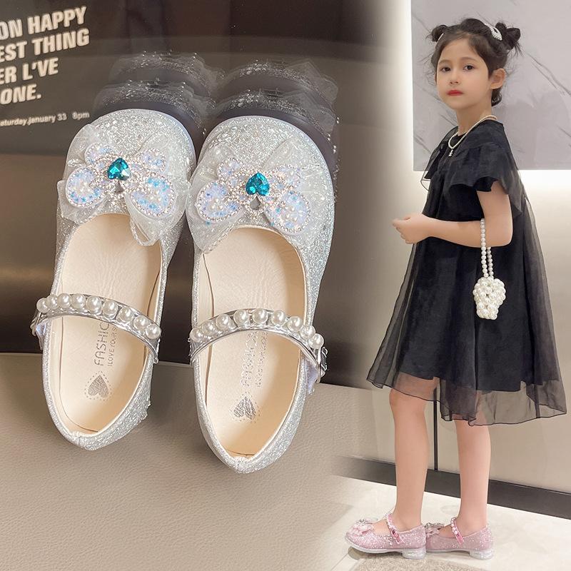 Туфли принцессы для девочек с бантом, детские туфли на высоком каблуке с кристаллами, модная детская блестящая обувь для выступлений, высокое качество 2024 г.