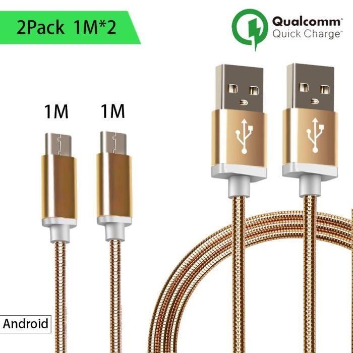 Mobile Phone Cable - Golden Metal - Set of 2 - 1M - Compatible Android - Micro USB - Fast Charging