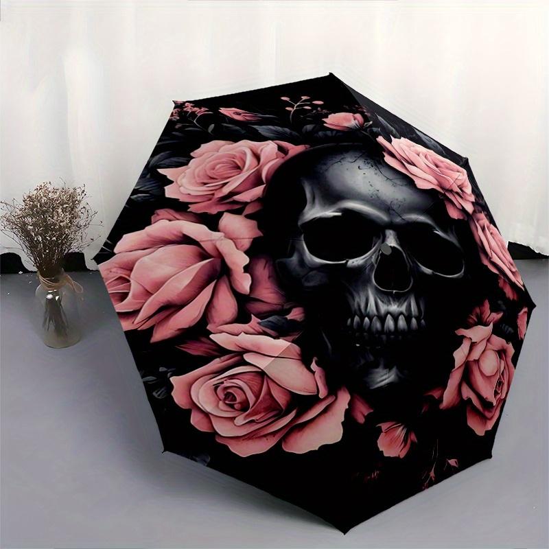 1pc Skull in Bloom Pattern Automatic, 8 Iron Frames, High-Value Folding Umbrella, Travel and Outdoor Adventure.C060