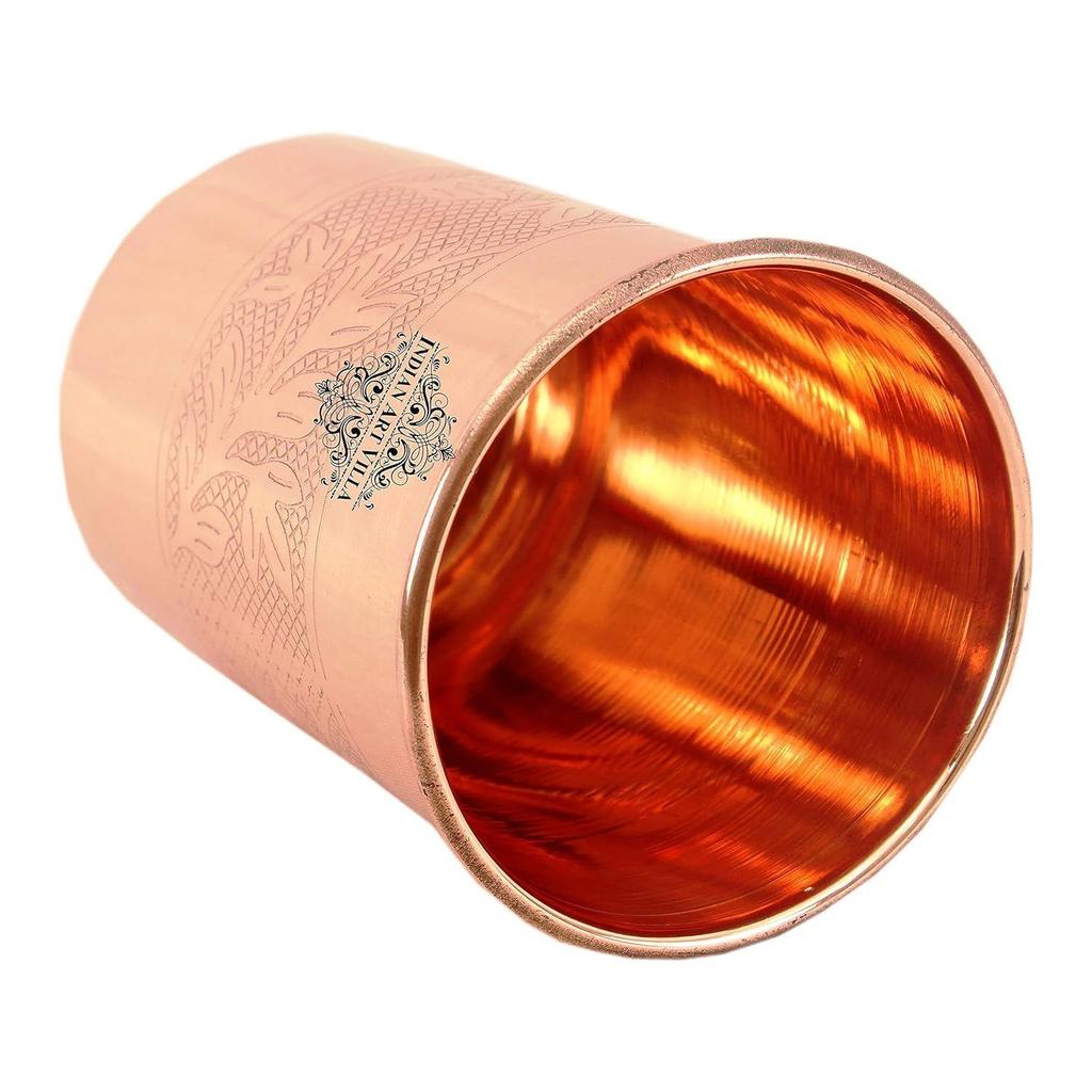 Copper Water Glasses with Embossed Design, Drinkware & Serveware, Ayurvedic Health Benefits, 300 Ml Capacity, Set of 6