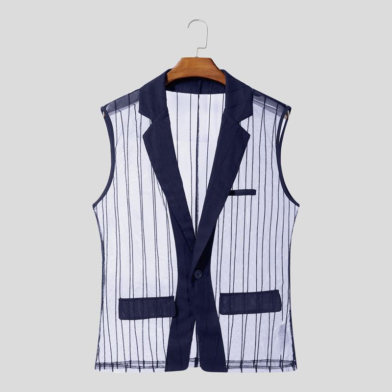 INCERUN Men Lapel Neck Sleeveless See Through Mesh Transparent Striped Blazer Tops