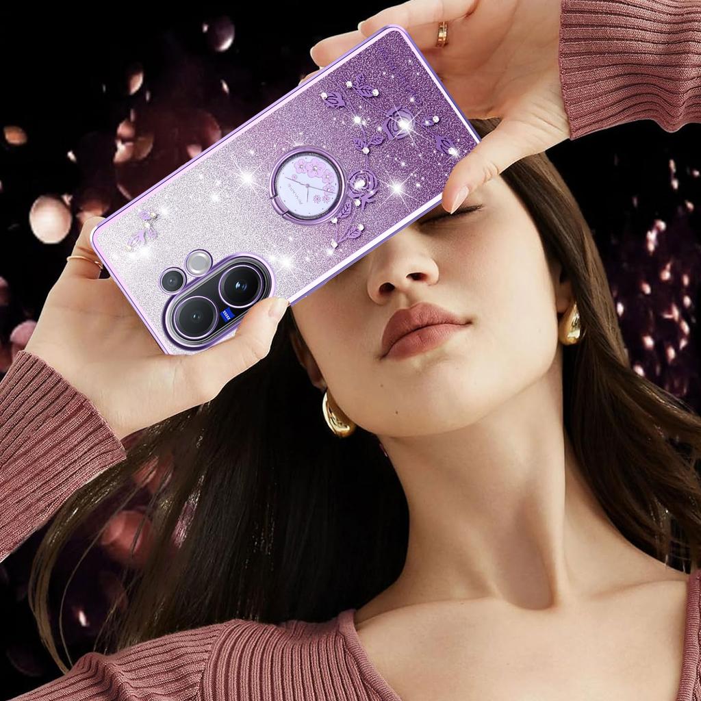 Для vivo V60 5G Чехол Кольцо-подставка ТПУ Цветы Чехол для телефона Градиентный Блестящий