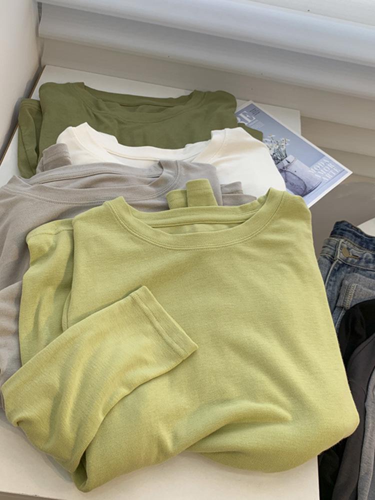 Women's Glutinous Rice Crew Neck Long Sleeve Soft T-Shirt - Spring Friendly, Solid Color, Drapey Base Layer.
