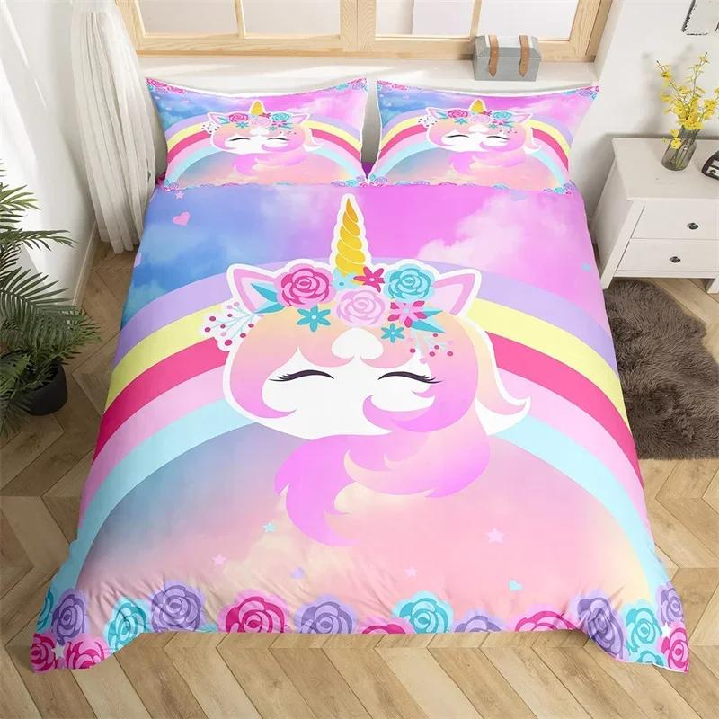 Cartoon Unicorn Duvet Cover Set Smile Eyelash King Bedding Set For Girls Woman Microfiber Mermaid Scale Floral Comforter Cover