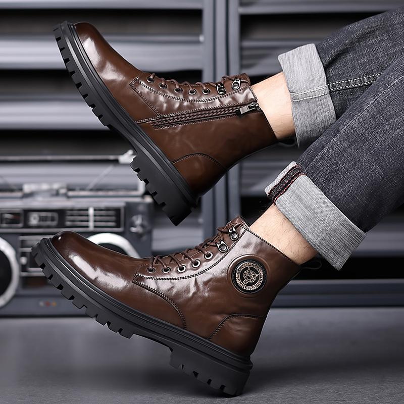 Высококачественные кожаные ботинки на шнуровке до щиколотки для улицы, мужские мотоботы, осенне-зимняя обувь, нескользящие теплые плюшевые меховые зимние ботинки