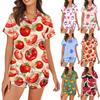 Women's Silk Pajamas Button Home Clothes Star Print Short Sleeve Satin Pajama Set 2 Piece Set