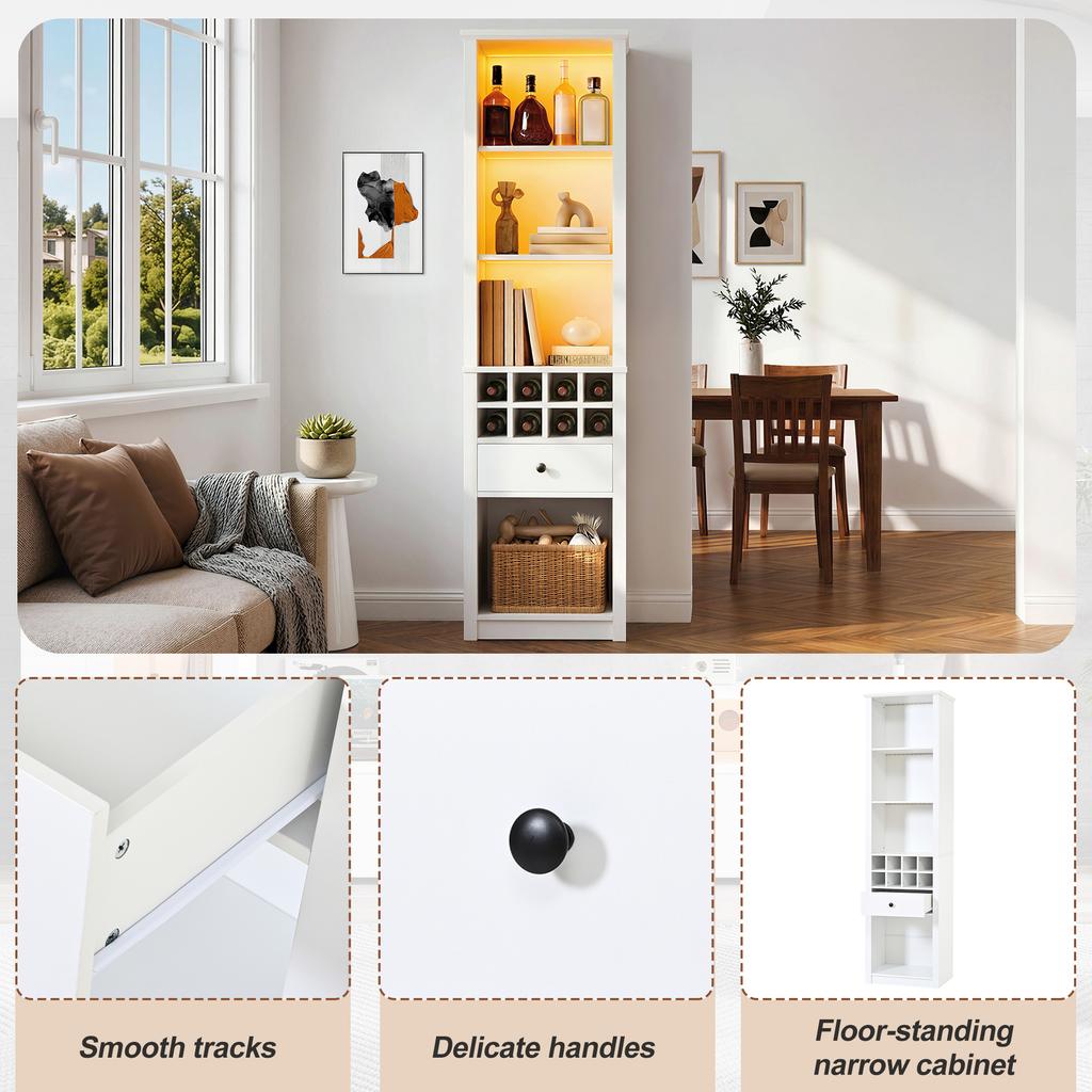 Display Cabinet with LED Lighting, Bookcase with 1 Drawer, 12 Compartments, Collectibles, Wine, for Living Room Dining Room Office, white, 55x40x200cm