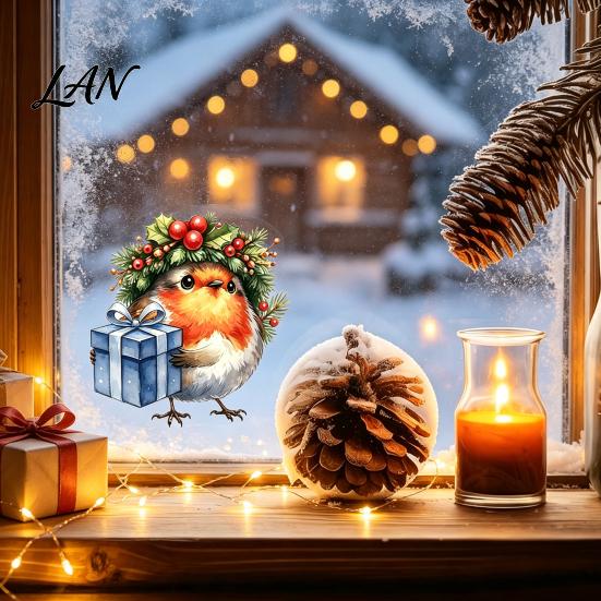 Cute Animal Pattern Stickers Christmas Bird Static Window Sticker, Watercolor Glass with Wreath And Gift Box, PVC Creative Holiday Waterproof