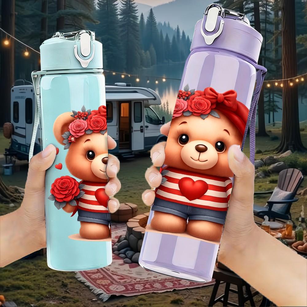 1PC Valentine Teddy Bear 750ml Color Plastic Sports Water Bottle Leakproof Flip Straw Lid Suitable for Sports Office Home Use