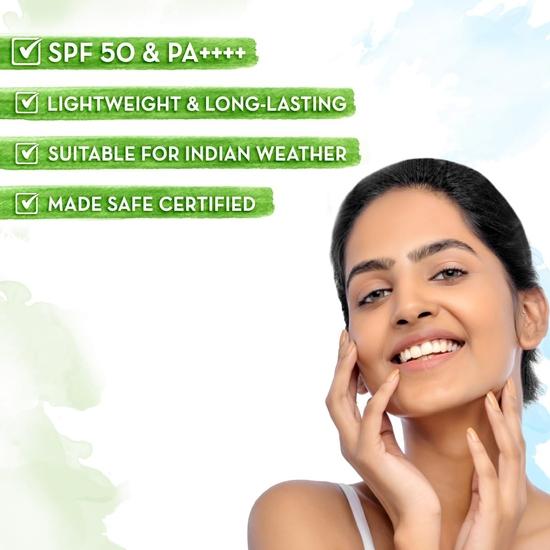 Mamaearth Ультралегкий индийский солнцезащитный крем - 80 г с семенами моркови и куркумой | SPF 50 PA ++++| Защита от UVA и UVB лучей | Нежирный и быстро впитывающийся