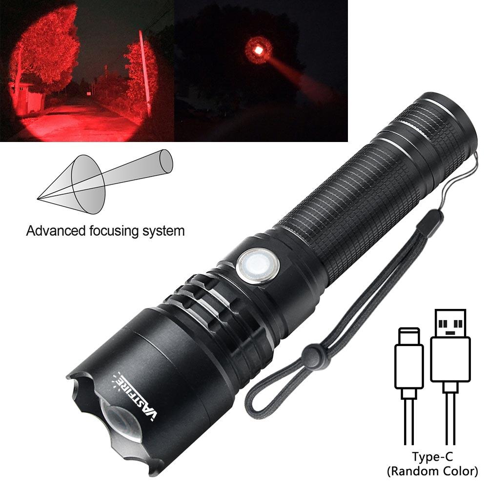 Powerful Red Light Flashlight Tactical Torch for Hunting 1-Mode Predator Handheld Torch+Clip+Tail Switch+18650+Charger Set