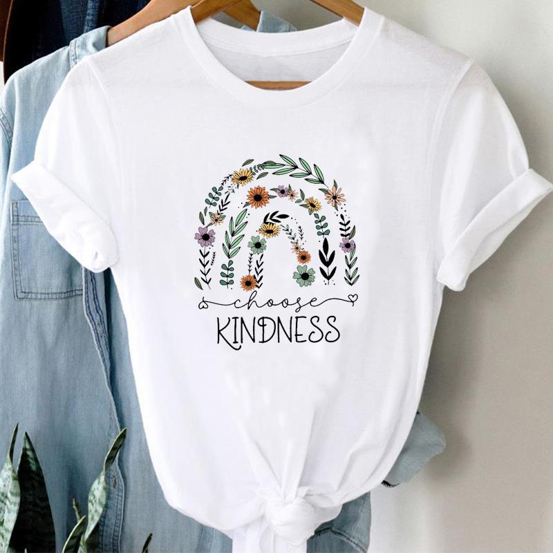 (Asian Size) Tee Top Fashion Love Letter Watercolor Flower T Shirt Women Print Lady Female Clothing Casual Short Sleeve Graphic T-shirt