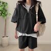 2 Pcs/Set Women Hoodie Shorts Set Half Zipper Hooded Three-quarter Sleeve Loose Big Pocket