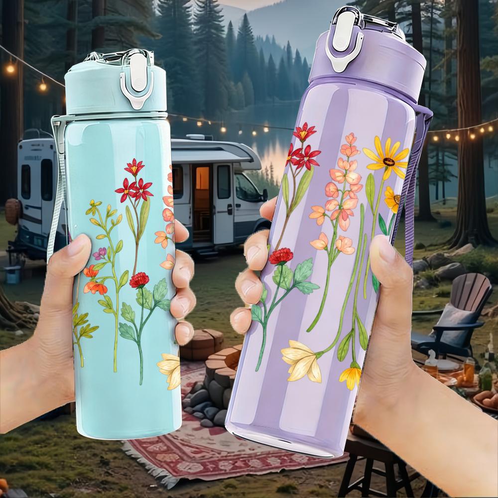 1PC Wildflower Meadow 750ml Color Plastic Sports Water Bottle Leakproof Flip Straw Lid Suitable for Sports Office Home Use