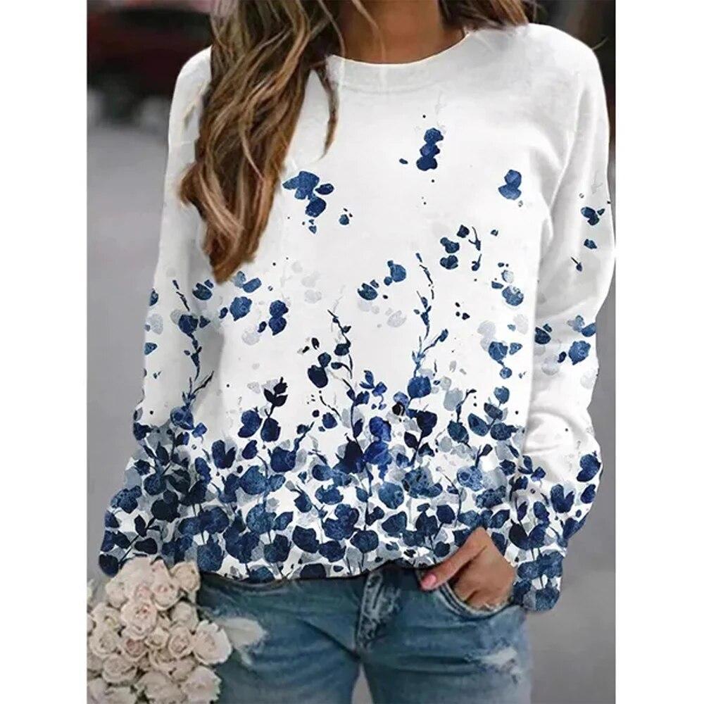 Women Floral Theme T Shirt Graphic Florals O-Neck Long-sleeves Basic Tops