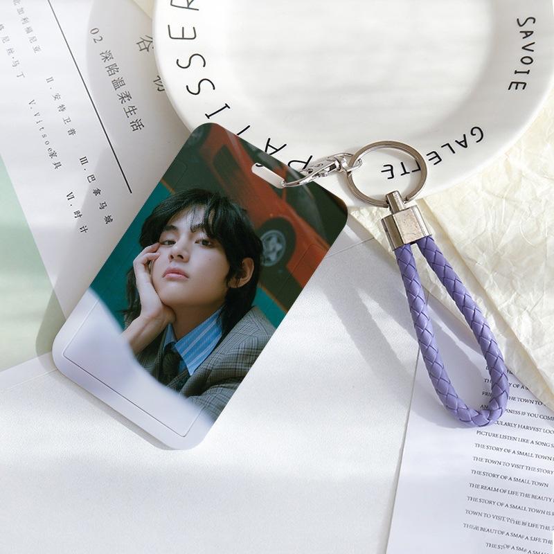 BTS Sliding Photocard Holder, Protective ID Badge Card Case with Braided Keychain Strap, Student Campus Bus Meal Card Protector Merch for ARMY