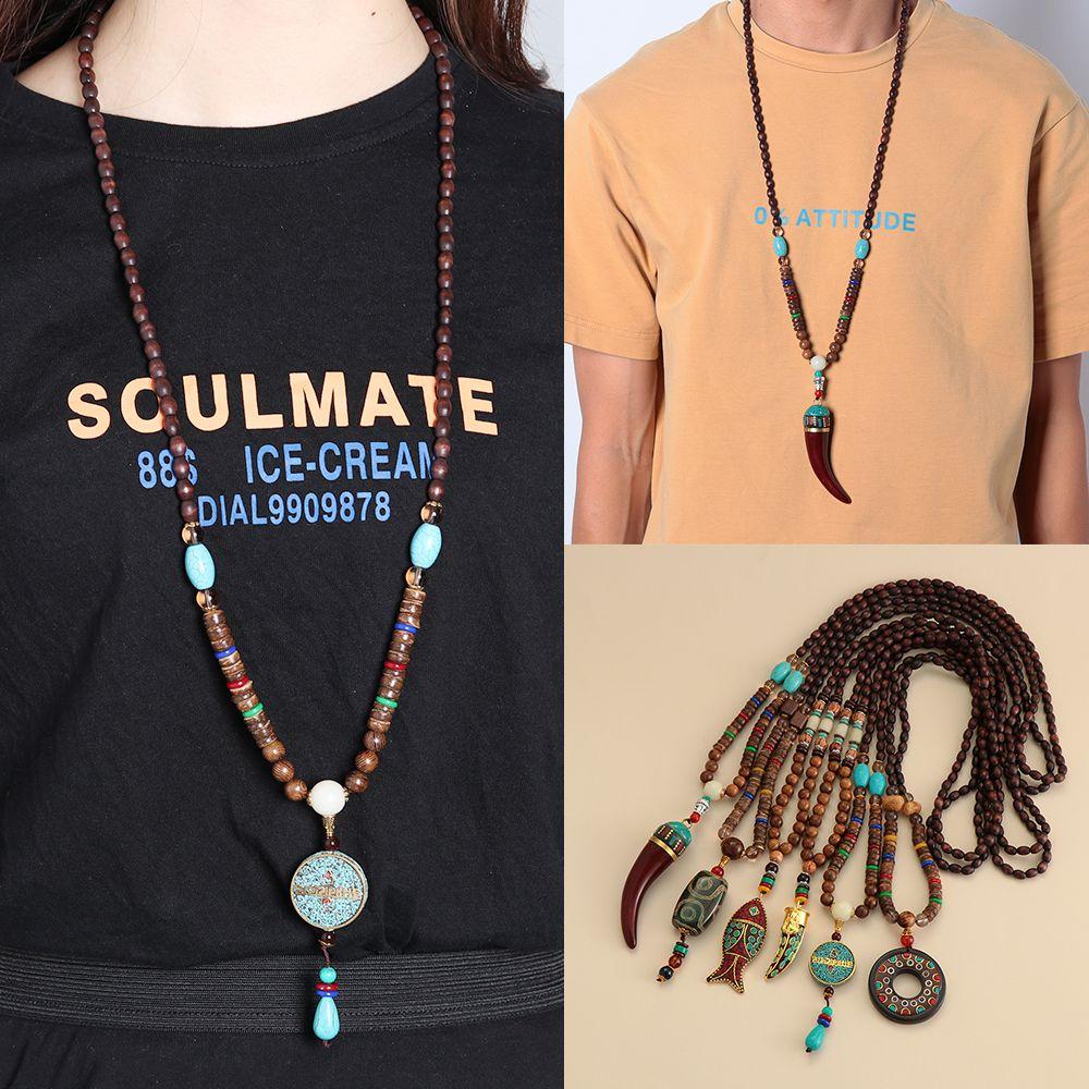 Винтажная Вечеринка Счастливый Подарок Ручной Работы Подвеска Рыба из Рога Мала Деревянные Бусины Непал Ожерелье Буддийское