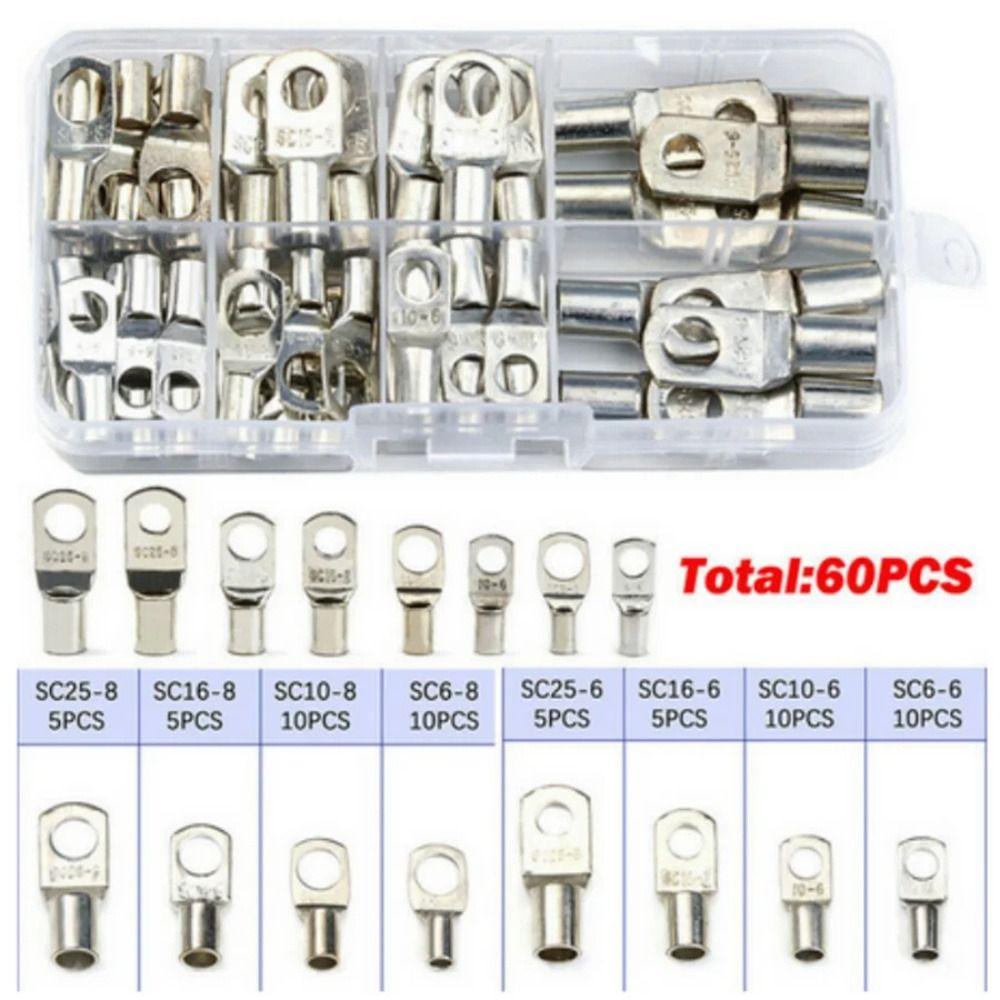 60Pcs SC Type Wire Nose Terminal Crimp SC16-6 SC25-6 SC35-6 Tinned Copper Cable Connector Kit 6mm 8mm 10mm 16-35mm2 Lugs Ring
