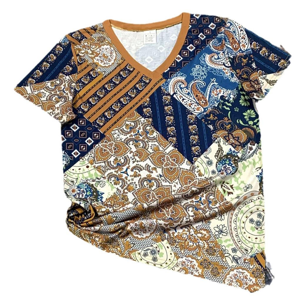 Summer V-neck 3D Ethnic Style Printed Top Fashionable Casual Short Sleeved Women's T-shirts