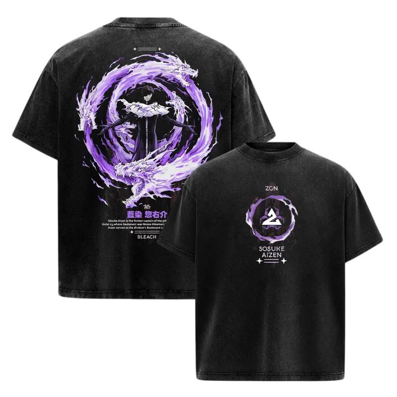 BLEACH Aizen Sousuke Printed Tee Men Women Washed Cotton T-shirts Manga Vintage T Shirt Harajuku Male Casual Short Sleeve Tshirt