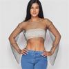 Women Rhinestones Mesh Flared Long Sleeve Crop Top Hollow Out See Through Fishnet Jewelry Cover Up Rave Party Clubwear