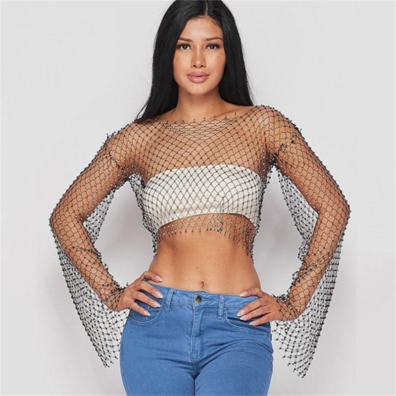 Women Rhinestones Mesh Flared Long Sleeve Crop Top Hollow Out See Through Fishnet Jewelry Cover Up Rave Party Clubwear