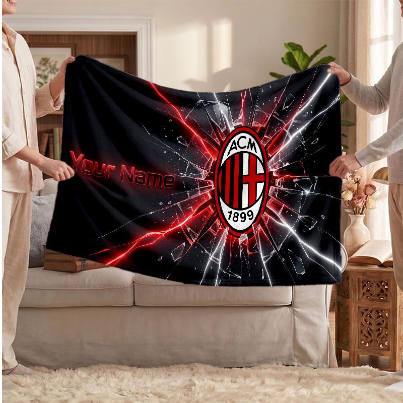 AC Milan Personalized Fleece Blanket With Football Logo, Custom Name Text Soft Warm Home Throw Blanket