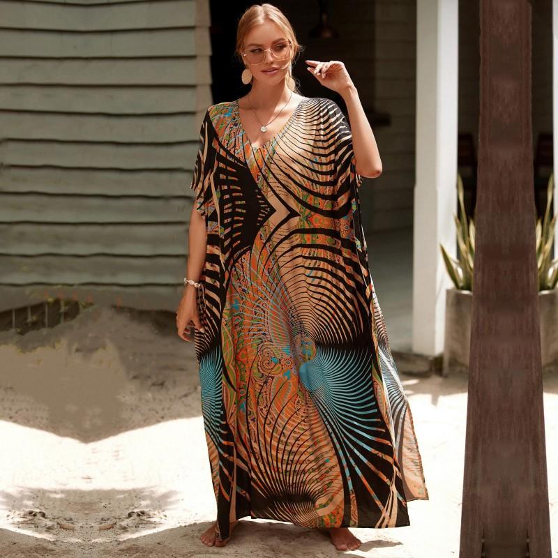 2022 Разноцветный кафтан с богемным принтом и v-образным вырезом, рукавами «летучая мышь», уличная одежда, платье макси, женская пляжная одежда, купальный костюм, накидка Q1342